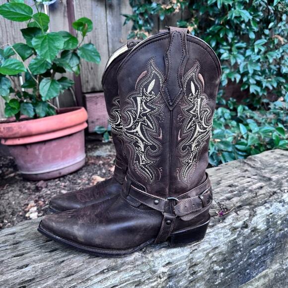 E & A Outlaws Western Wear Cowboy Brown Leather Strap Boots Women's Size 7 US - Picture 4 of 12